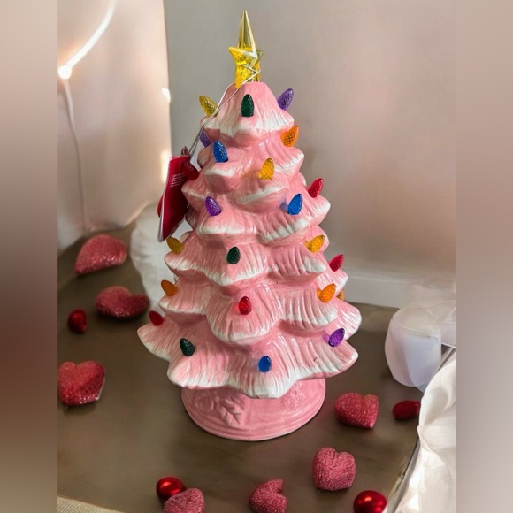 13” Ceramic Nostalgic valentine Tree Pink W ted blue purple & green Lights NWT - Picture 1 of 9